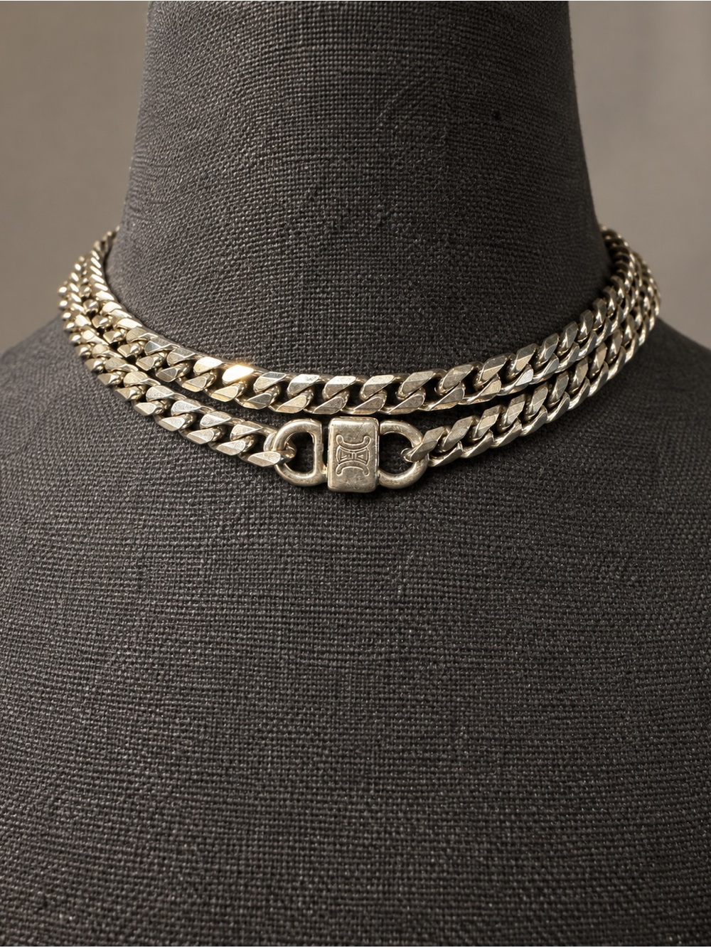 CELINE Triomphe Curb Chain Necklace 27”/ Double Layer Choker - Silver Tone